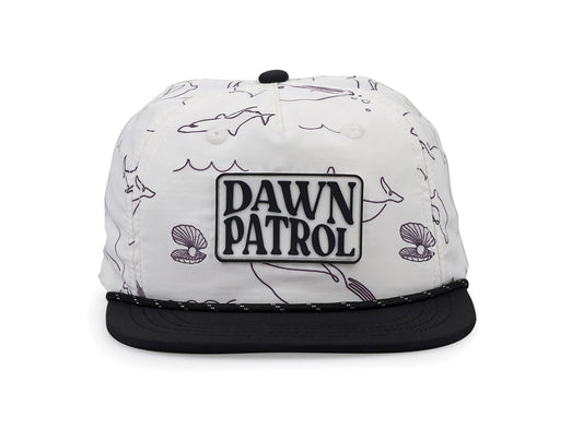 5-panel baseball hat with Rubber Dawn Patrol Patch, Black Brim and Button, Black and White Rope- Hat Facing Forward