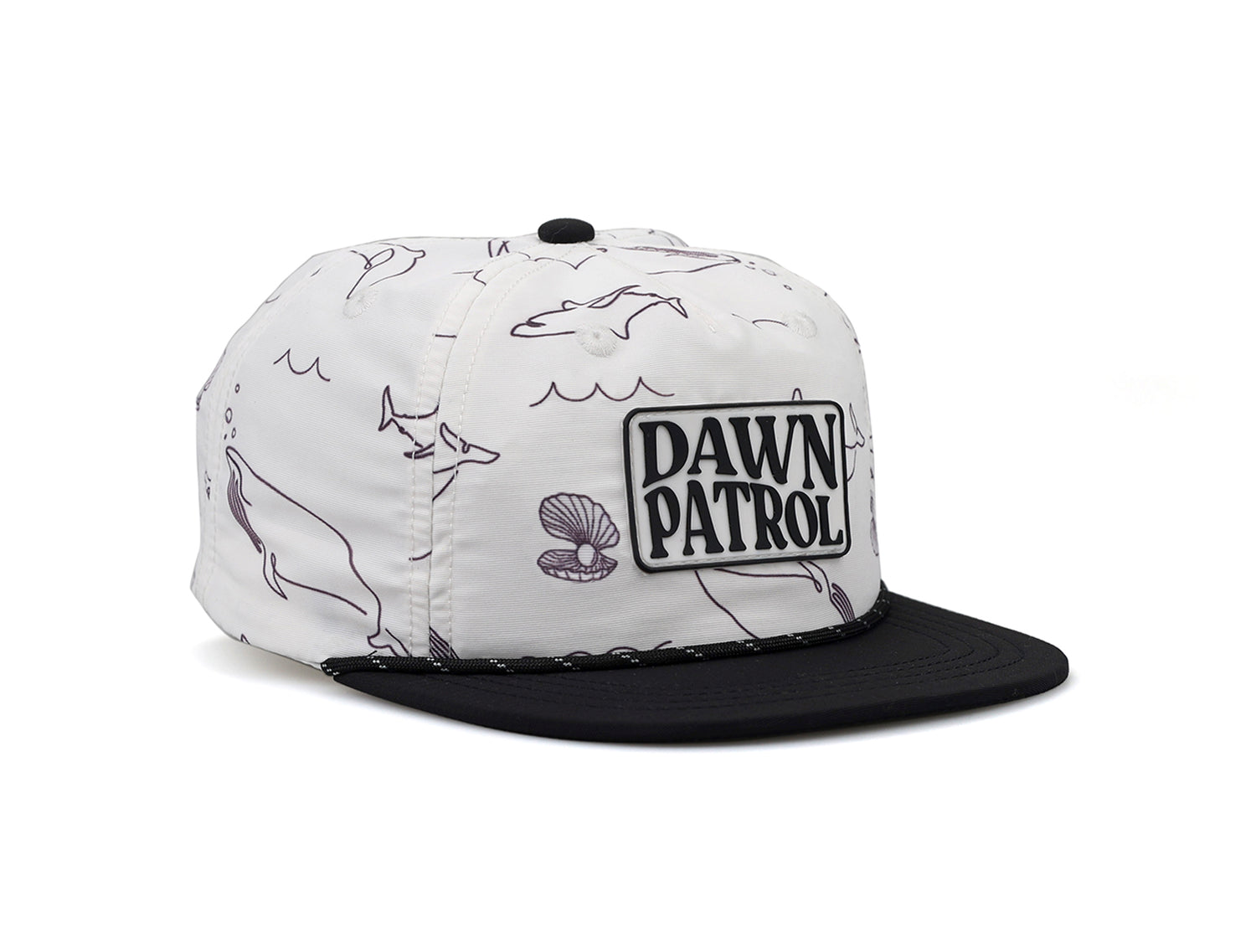 5-panel baseball hat with Rubber Dawn Patrol Patch, Black Brim and Button, Black and White Rope- Hat Facing Right