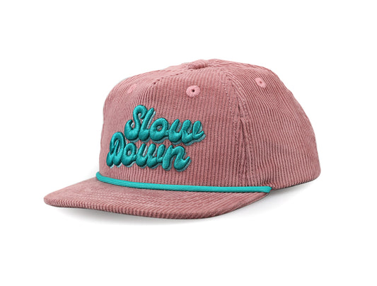 Mauve Corduroy Hat with 3D Slow Down Embroidery in Contrasting Teal